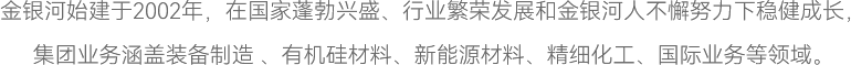 乐天使官网始建于2002年，，在国度蓬勃兴盛、、行业繁华发展和乐天使官网人不懈致力下稳重成长，，
集团业务涵盖设备制作 、、有机硅资料、、新能源资料、、精密化工、、国际业务等领域！。